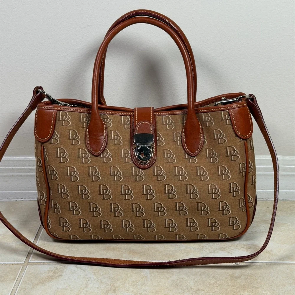 Dooney & Bourke Brown DB Monogram Canvas Leather Satchel Tote Bag Medium